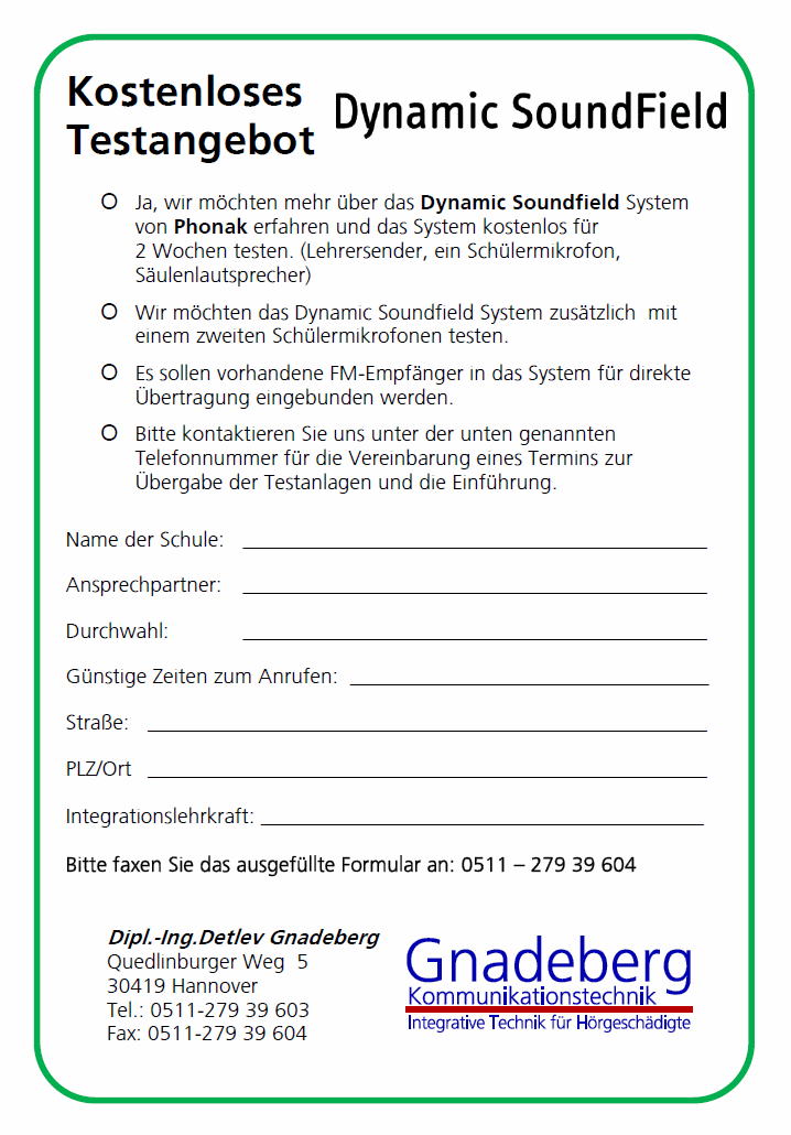 Faxformular Kostenloses Testangebot